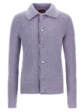 Cardigan gucci violet en laine douce avec col, boutons assortis et tricot texturé pelucheux