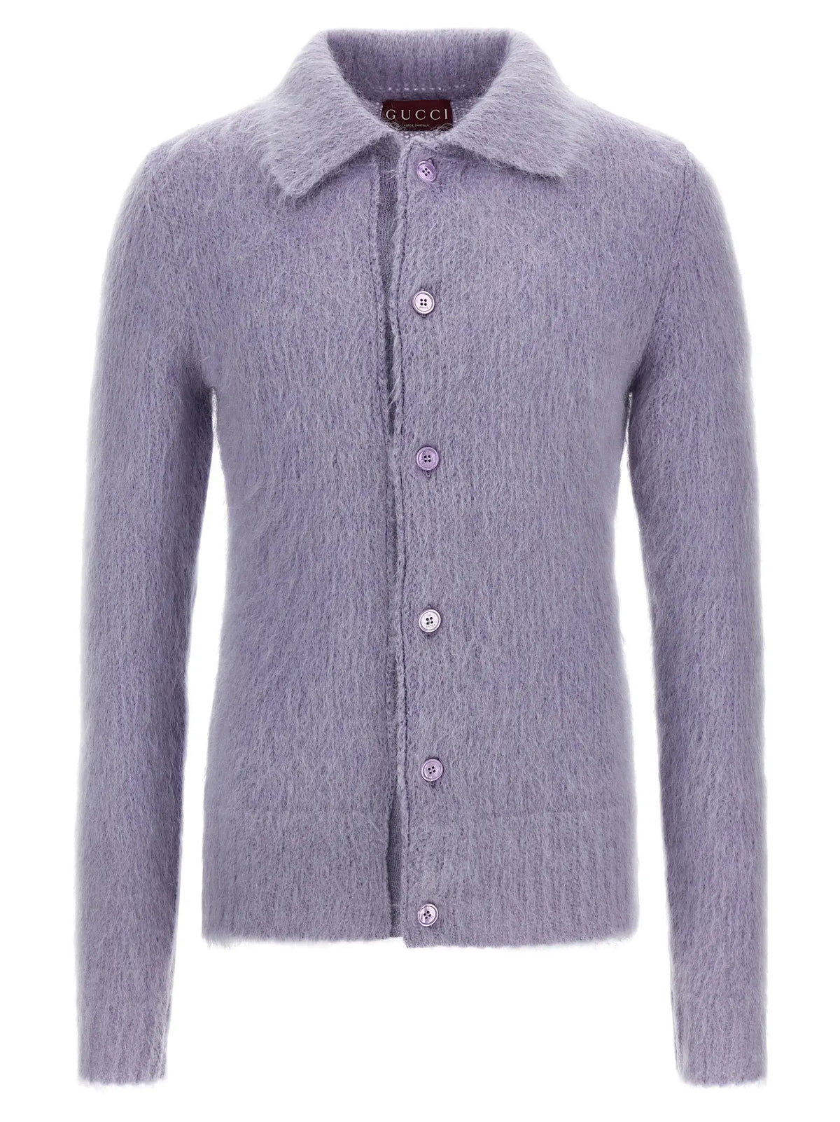 Cardigan gucci violet en laine douce avec col, boutons assortis et tricot texturé pelucheux