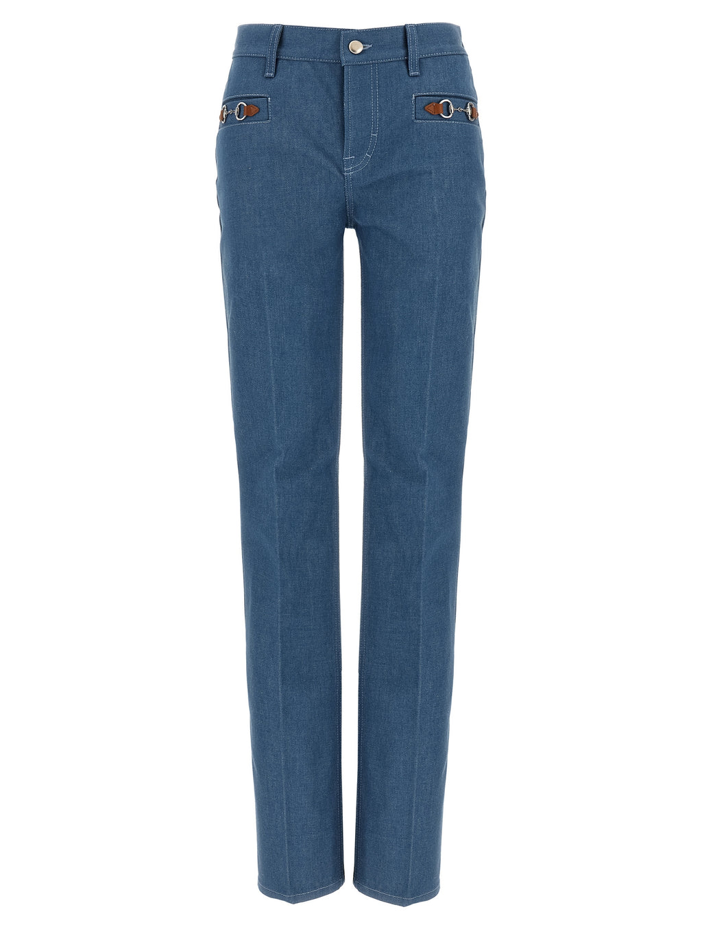 Jeans droits en coton bleu Gucci, pantalon décontracté avec coupe classique, détails modernes et logo discret.