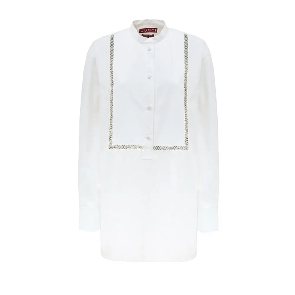 Blouse gucci blanche en coton avec détail de chaîne argentée le long de la patte de boutonnage et du col
