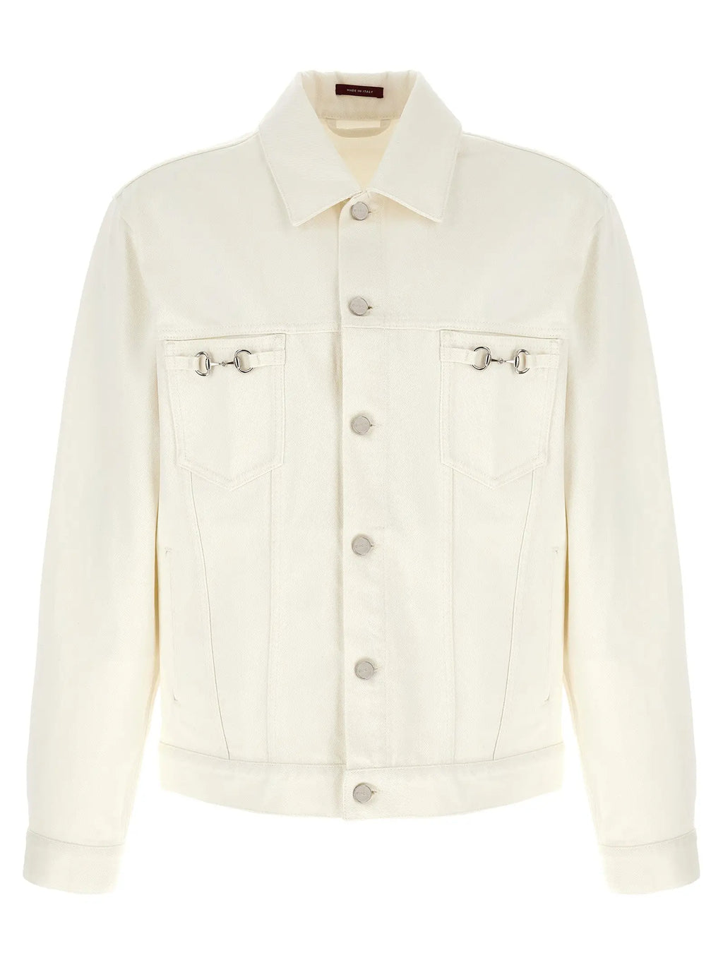 Veste en denim gucci blanche en coton crème avec détails argentés en mors de cheval sur les poches poitrine