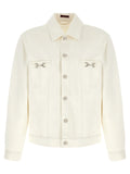 Veste en denim gucci blanche en coton crème avec détails argentés en mors de cheval sur les poches poitrine
