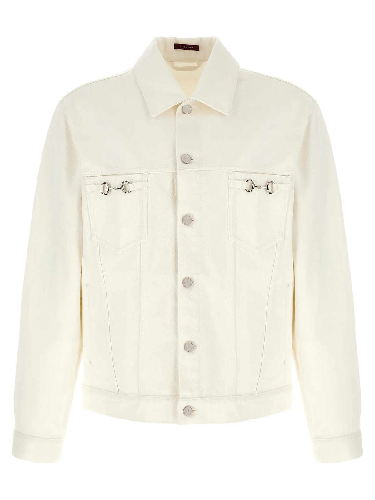 Veste en denim gucci blanche en coton crème avec détails argentés en mors de cheval sur les poches poitrine