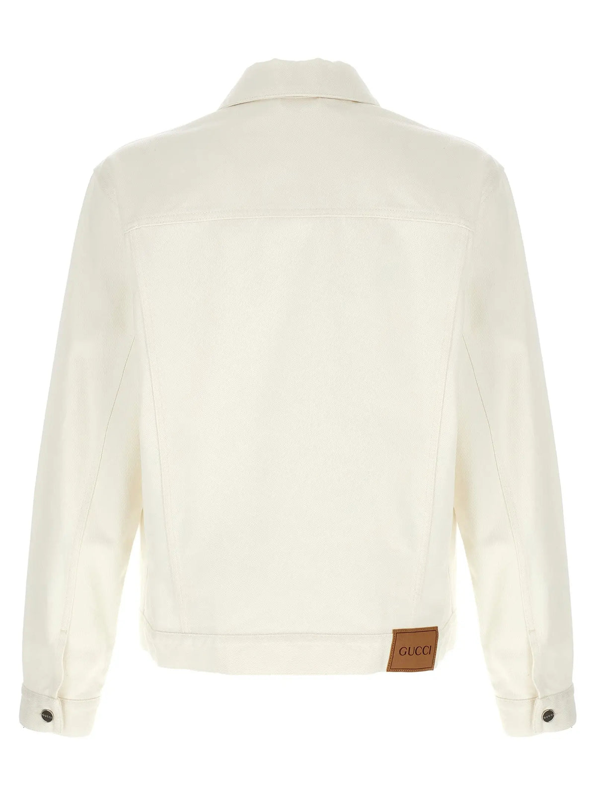 Veste en jean gucci blanche en coton avec patch en cuir marron crème à l’ourlet inférieur vue dos