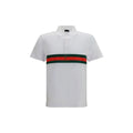 Polo blanc gucci en coton avec bande rayée verte et rouge et logo brodé en or sur la poitrine