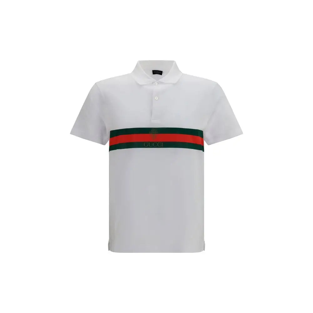 Polo blanc gucci en coton avec bande rayée verte et rouge et logo brodé en or sur la poitrine