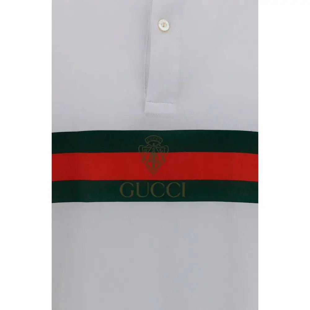Polo gucci blanc en coton avec bande rayée verte et rouge et logo brodé en or