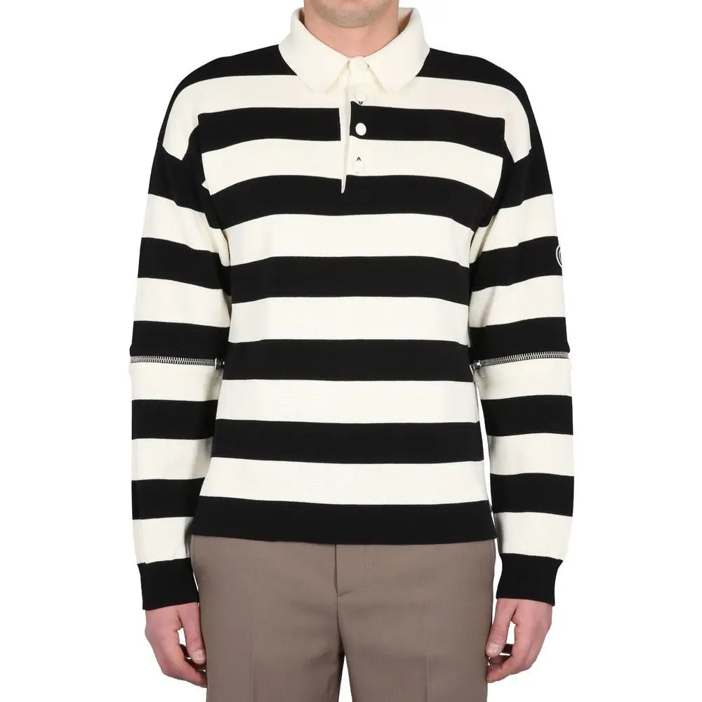 Gucci white cotton polo shirt with black and white striped long sleeves and cream-colored collar and cuffs