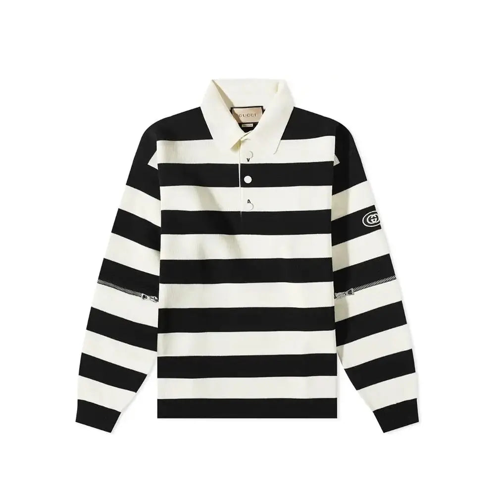 Polo en coton blanc gucci à rayures noires et blanches avec manches longues col chemise boutons et zip aux manches