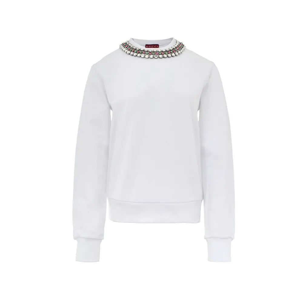Sweatshirt blanc gucci en coton avec col à message orné de rangées de cristaux étincelants