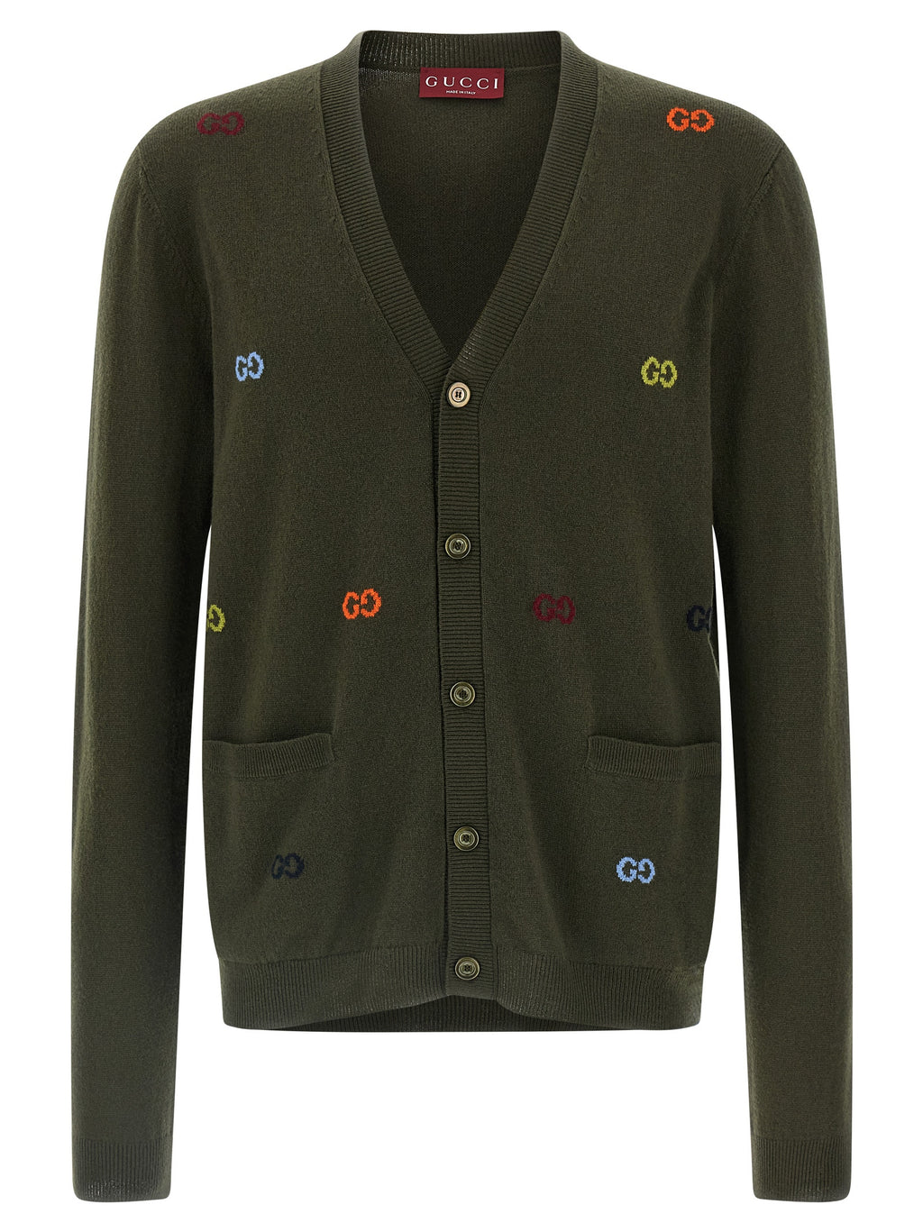 Cardigan bicolore en cachemire de Gucci, vue de face, avec détails de finition élégants et logo discret.