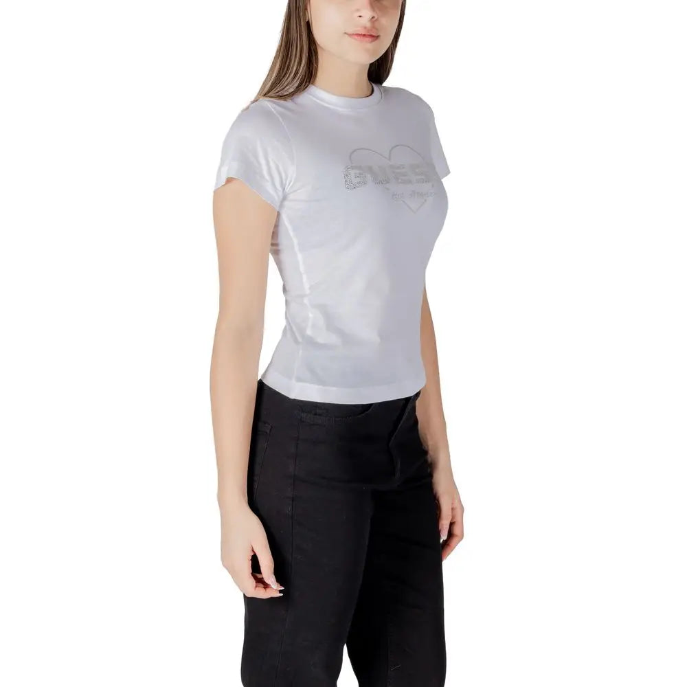 T-shirt guess active blanc en coton avec manches courtes et logo coeur orné d embellissements scintillants