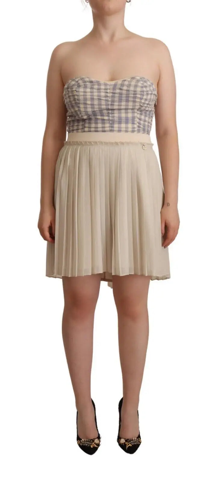 Robe bustier beige plissée guess avec jupe a-line et haut sans bretelles à carreaux assortis