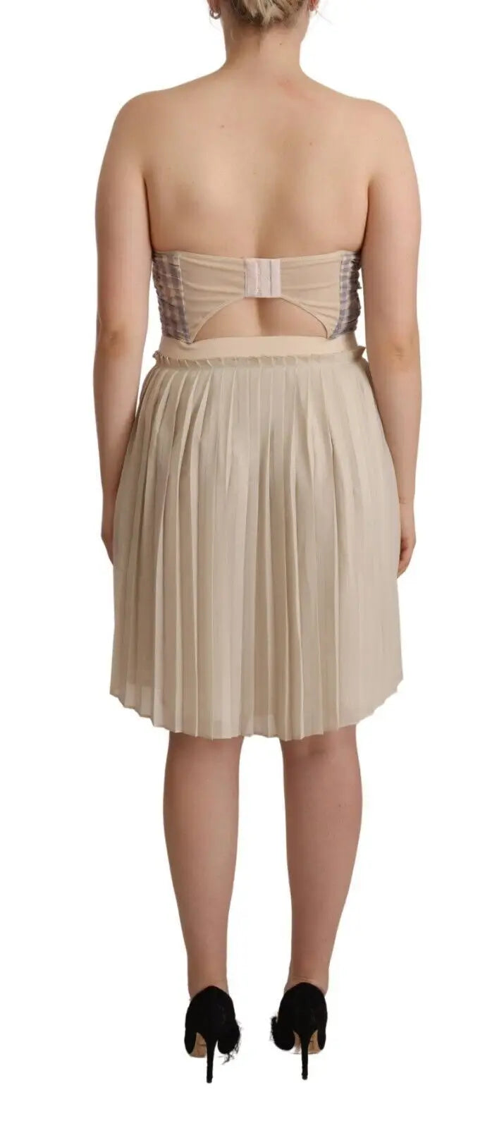 Robe bustier sans bretelles beige guess avec jupe plissée à carreaux et détails découpés élégants