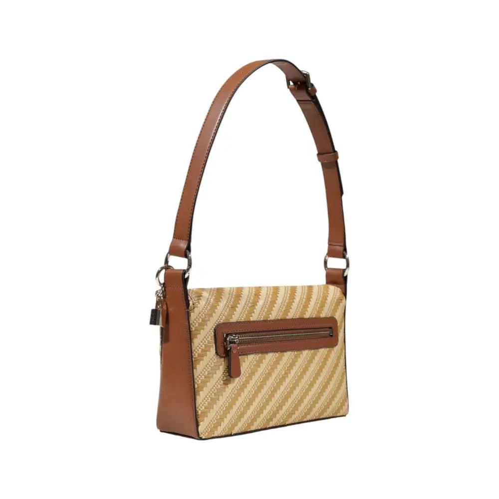 Sac à bandoulière tissé beige et marron à rayures avec garniture en cuir guess en polypropylène