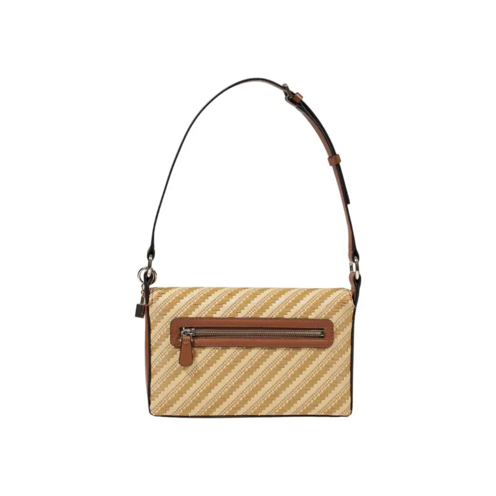 Sac à main beige guess en polypropylène avec rayures diagonales tissées et garniture en cuir marron