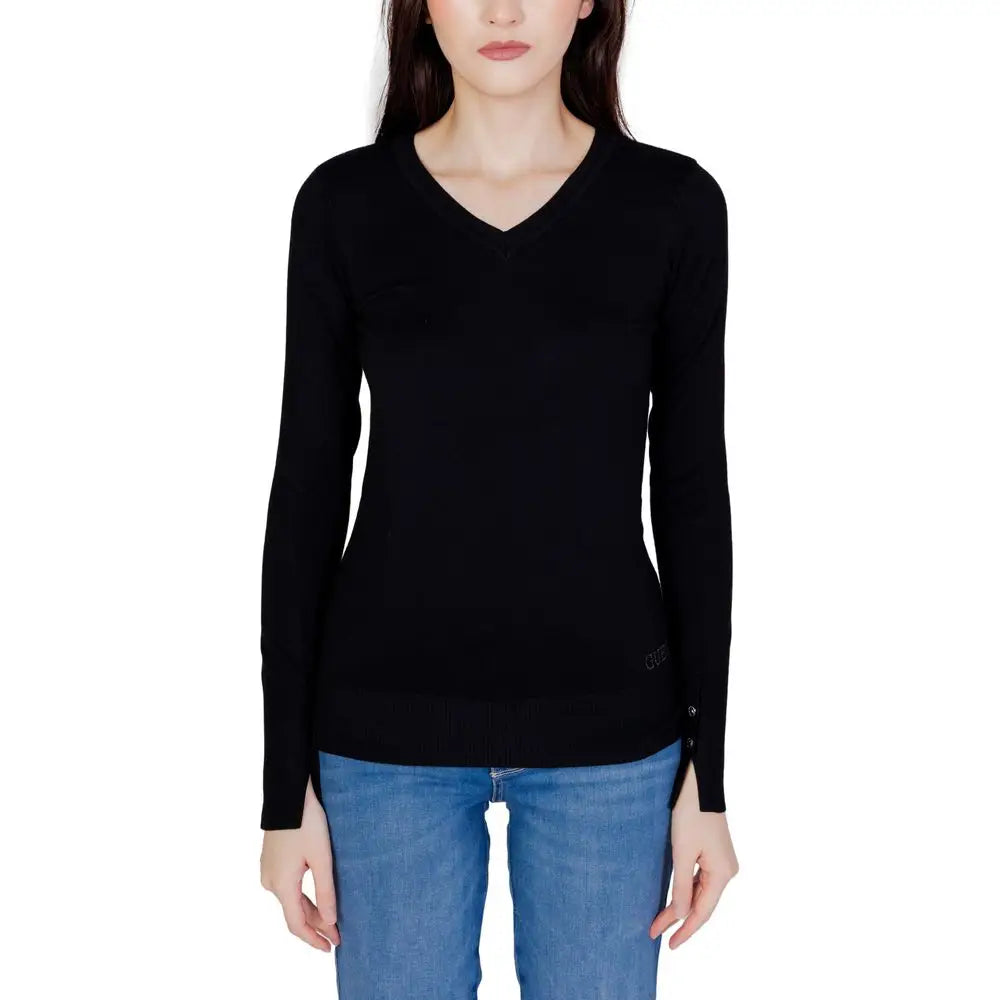 Sweatshirt guess noir en coton à col en v manches longues avec logo discret sur le bas à gauche