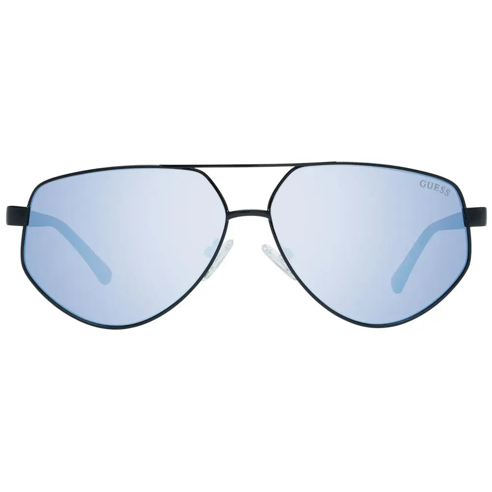 Lunettes de soleil aviateur guess en métal noir avec verres miroir bleu clair et logo guess sur la branche droite