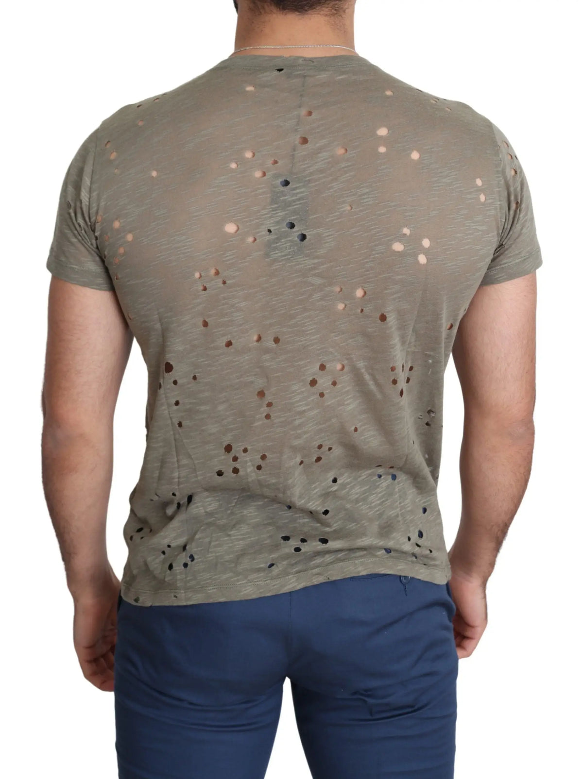 T-shirt guess marron en coton stretch avec logo imprimé perforé pour homme, col v et manches courtes en coton vert olive usé