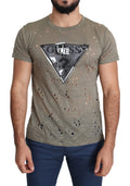 T-shirt décontracté homme guess en coton stretch marron avec logo triangulaire perforé noir et blanc