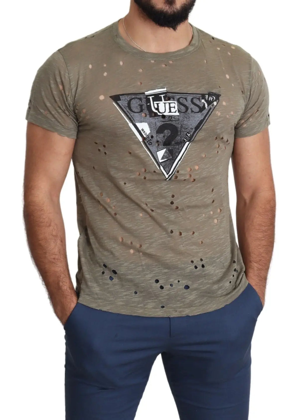 T-shirt olive vert en coton délavé avec logo guess triangulaire noir et blanc perforé pour homme casual