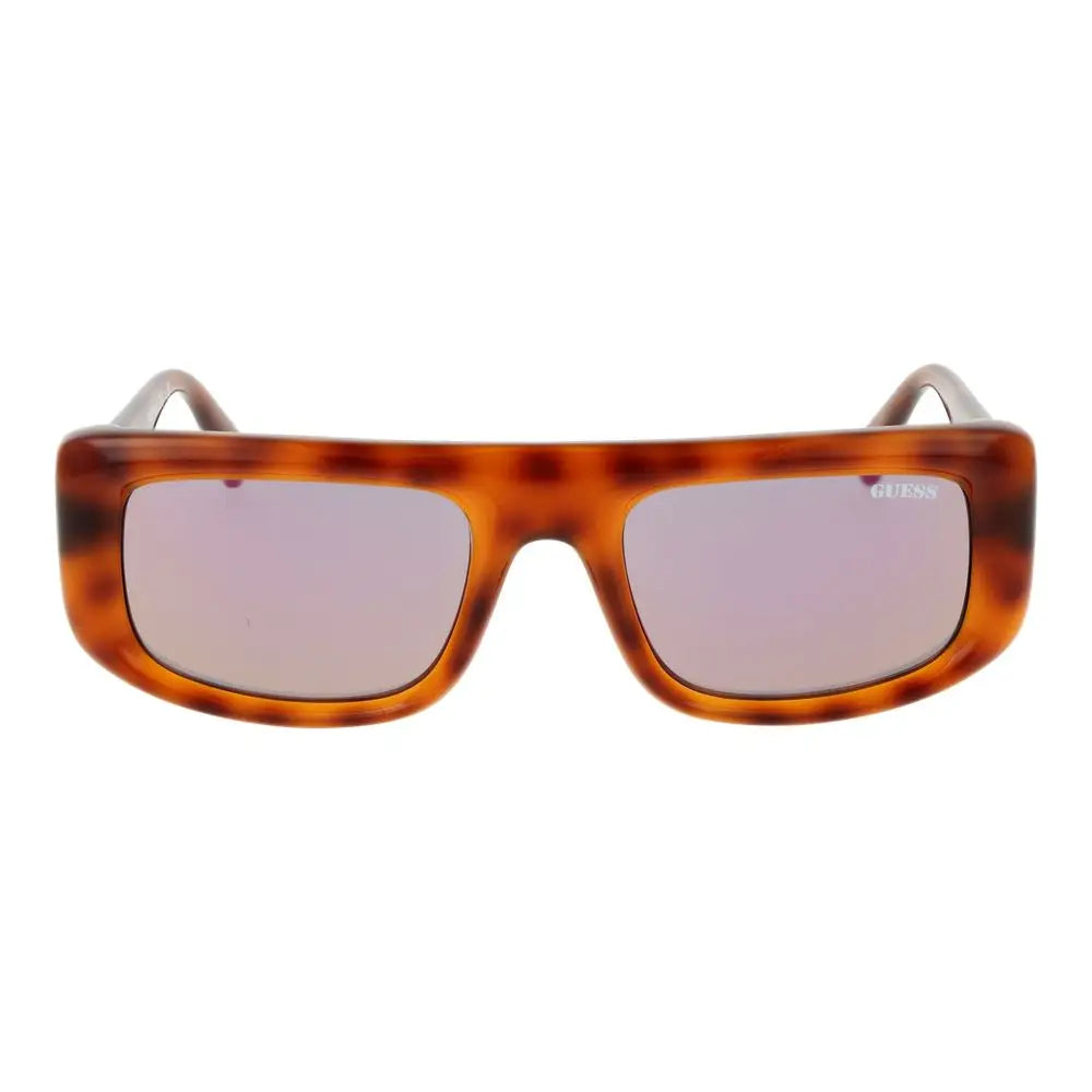 Lunettes de soleil guess en plastique marron avec monture rectangulaire écaille et verres miroir rose moderne