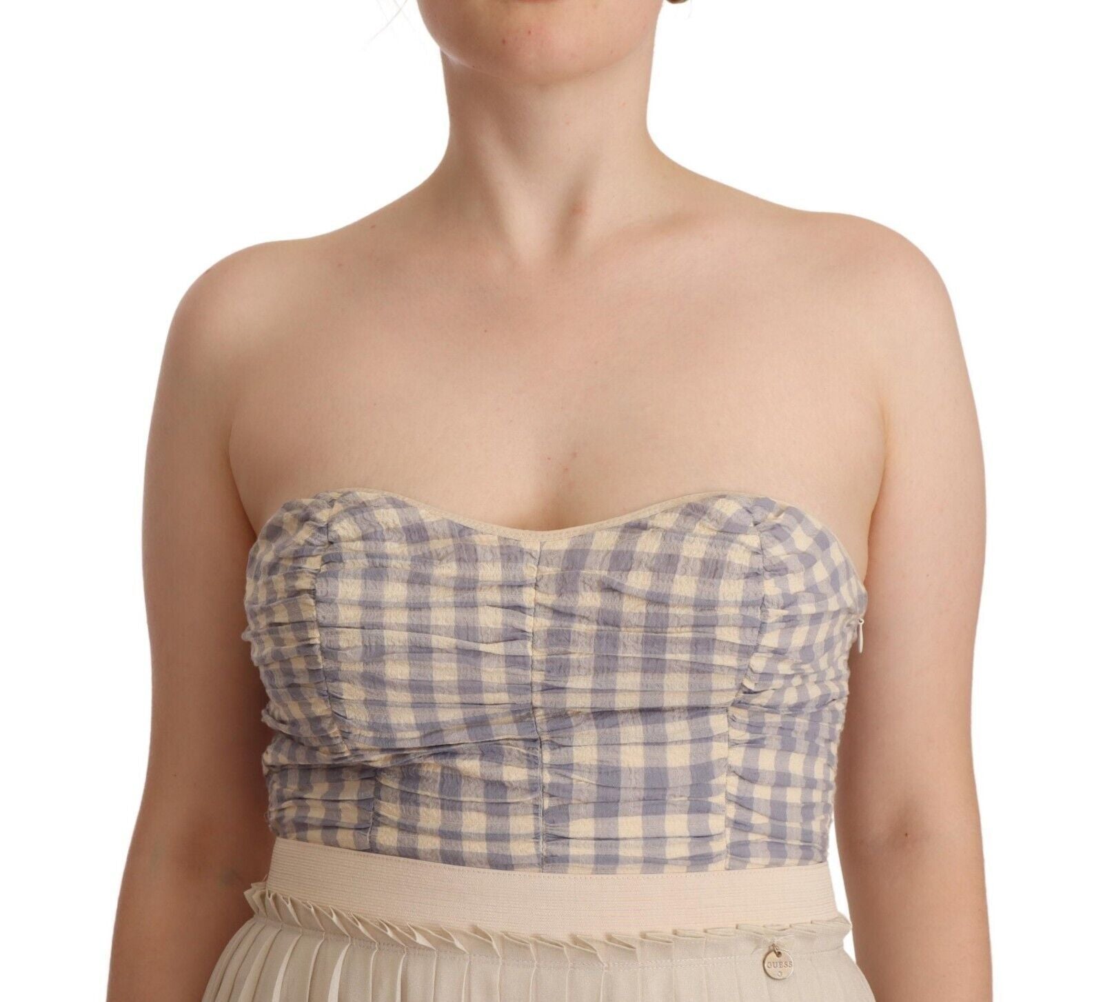 Robe bustier beige à carreaux, plissée en ligne A, sans bretelles, de marque Guess, vue de face.
