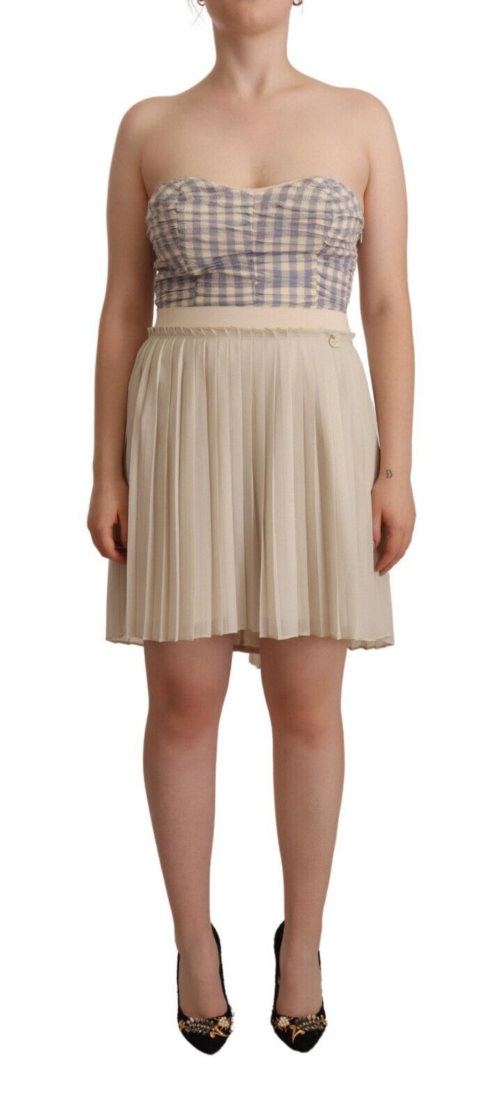 Robe bustier beige à carreaux plissée en ligne A sans bretelles de la marque Guess, élégante et tendance.