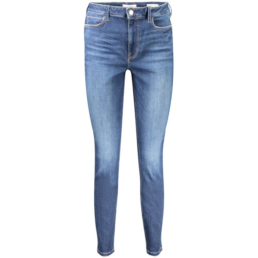 Jean bleu en coton pour femmes de la marque Guess Jeans, coupe classique et détails modernes.