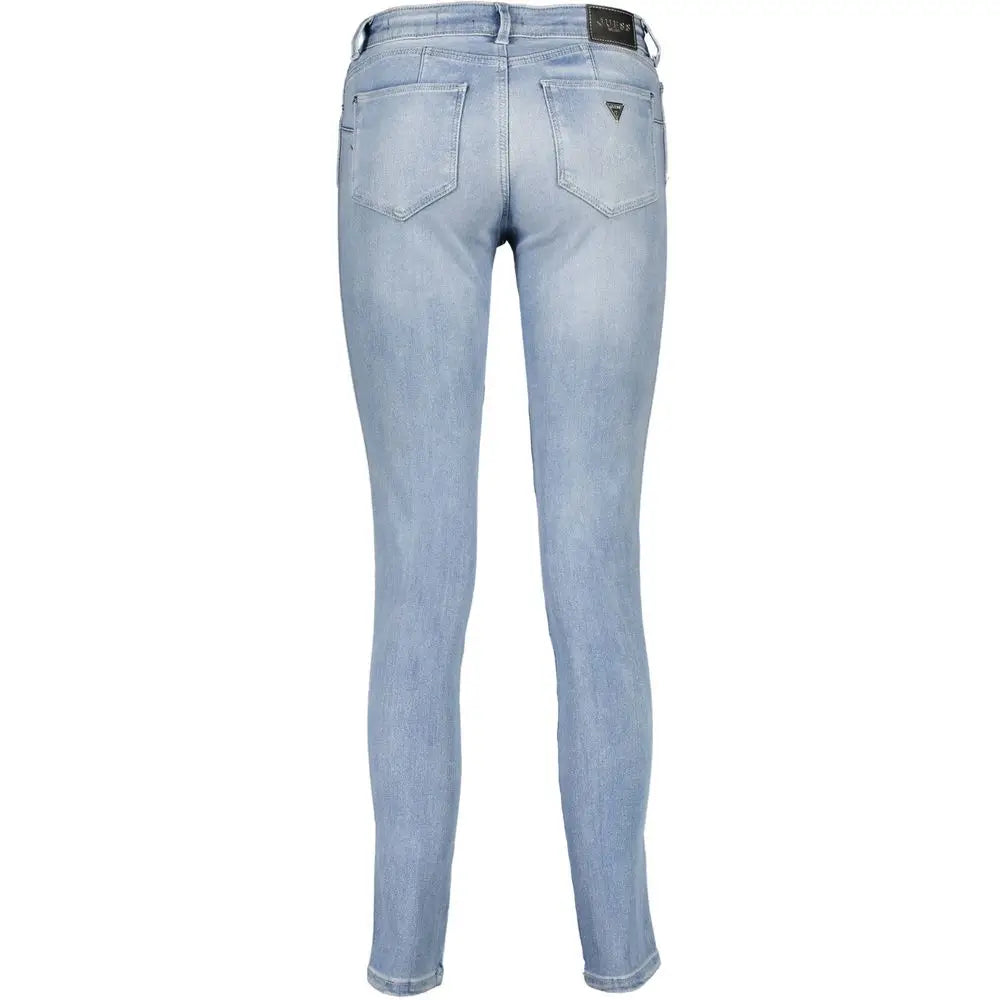 Jeans femme en coton guess jeans azzurro bleu clair slim fit vue arrière avec logo sur la ceinture et poche arrière