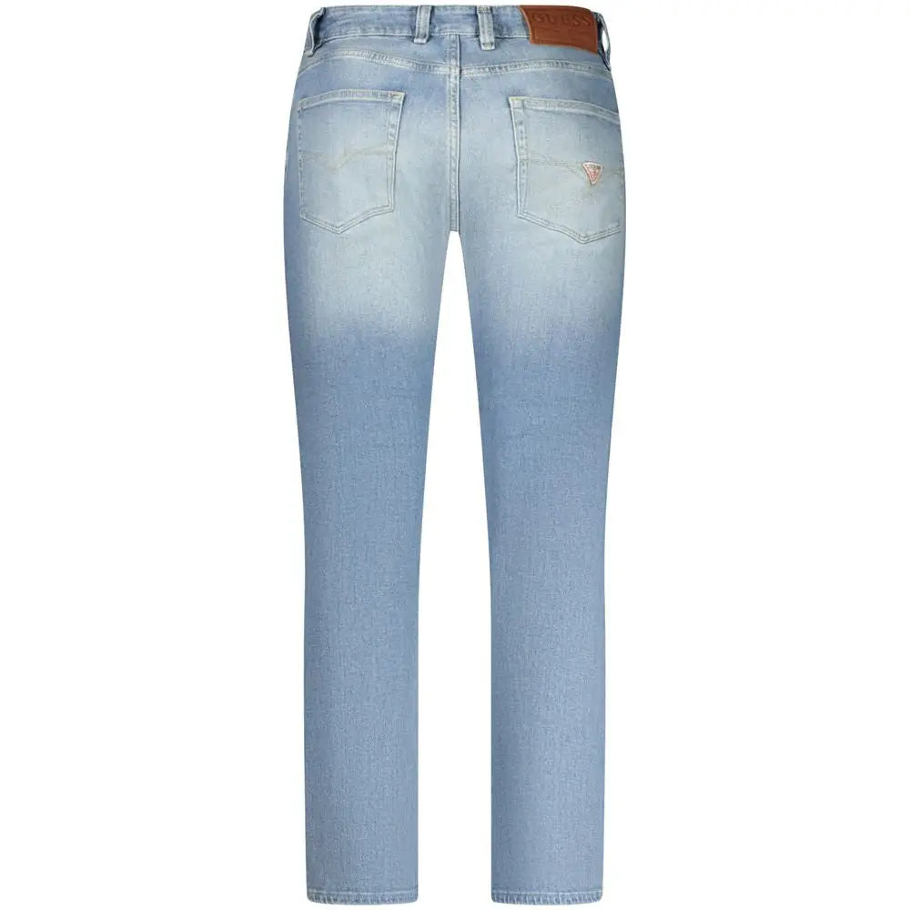 Jeans guess azzurro cotton pour femmes en denim clair coupe droite classique avec étiquette en cuir marron à la taille