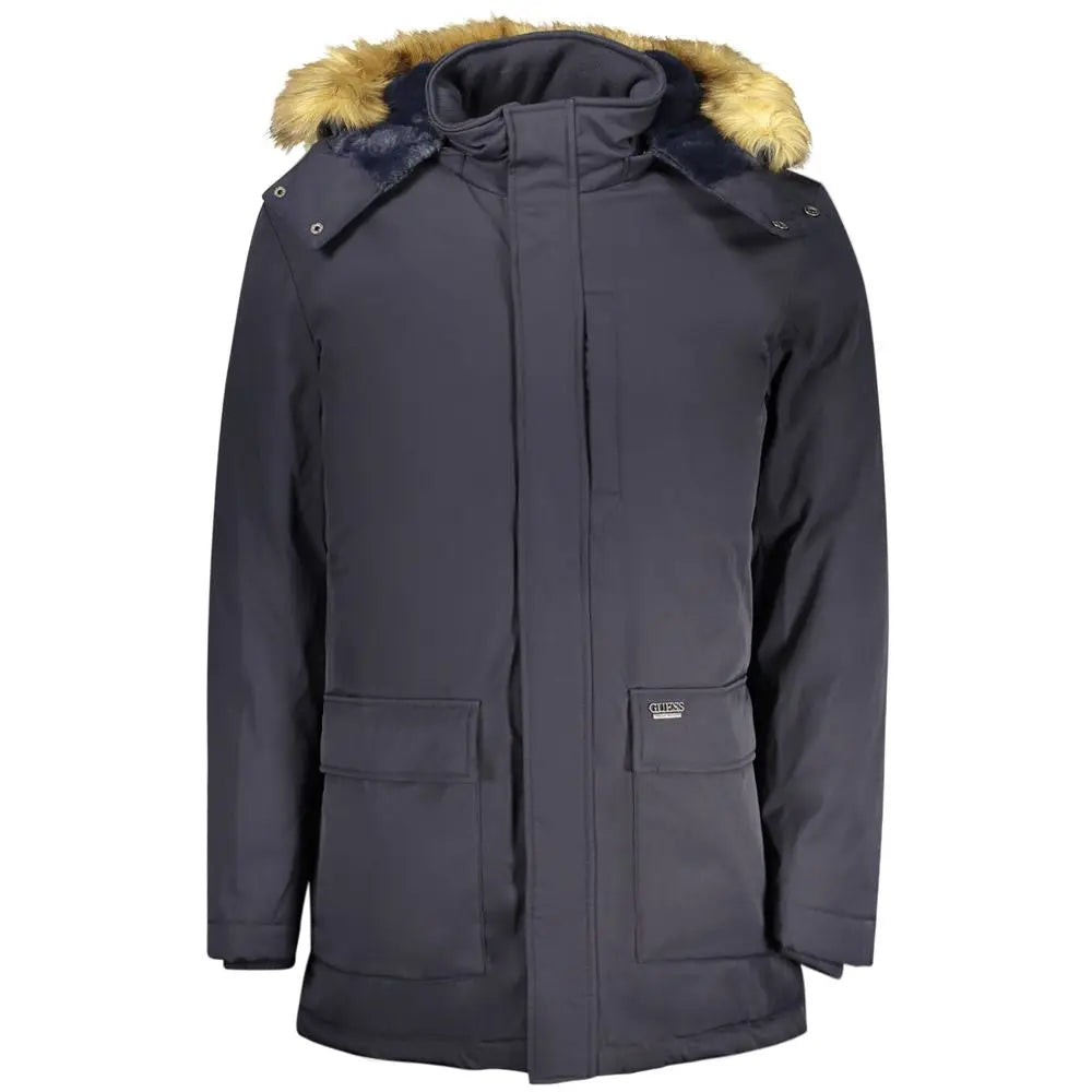 Veste femme guess jeans beige en polyester avec parka gris foncé à capuche en fourrure beige et poches avant columbia