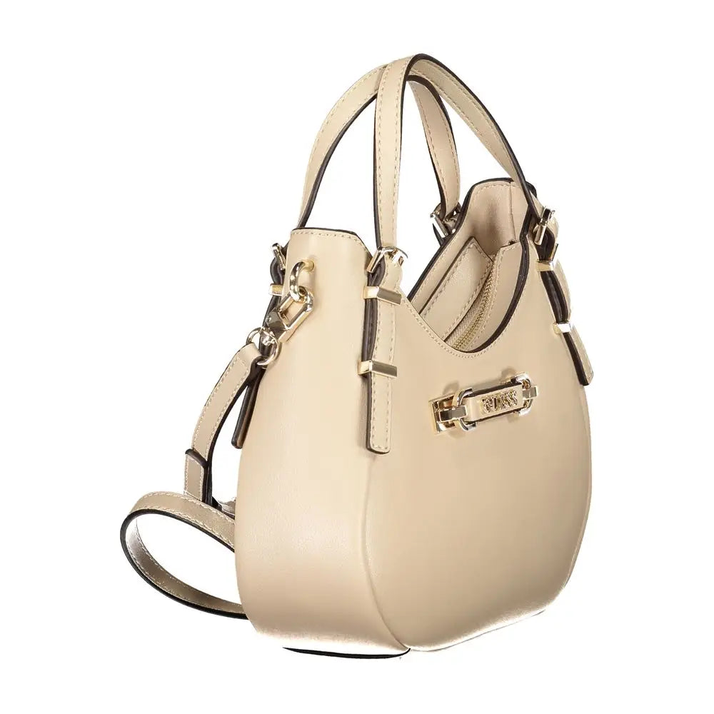 Sac hobo beige en cuir synthétique guess jeans pour femme avec garnitures dorées et bordures noires contrastées