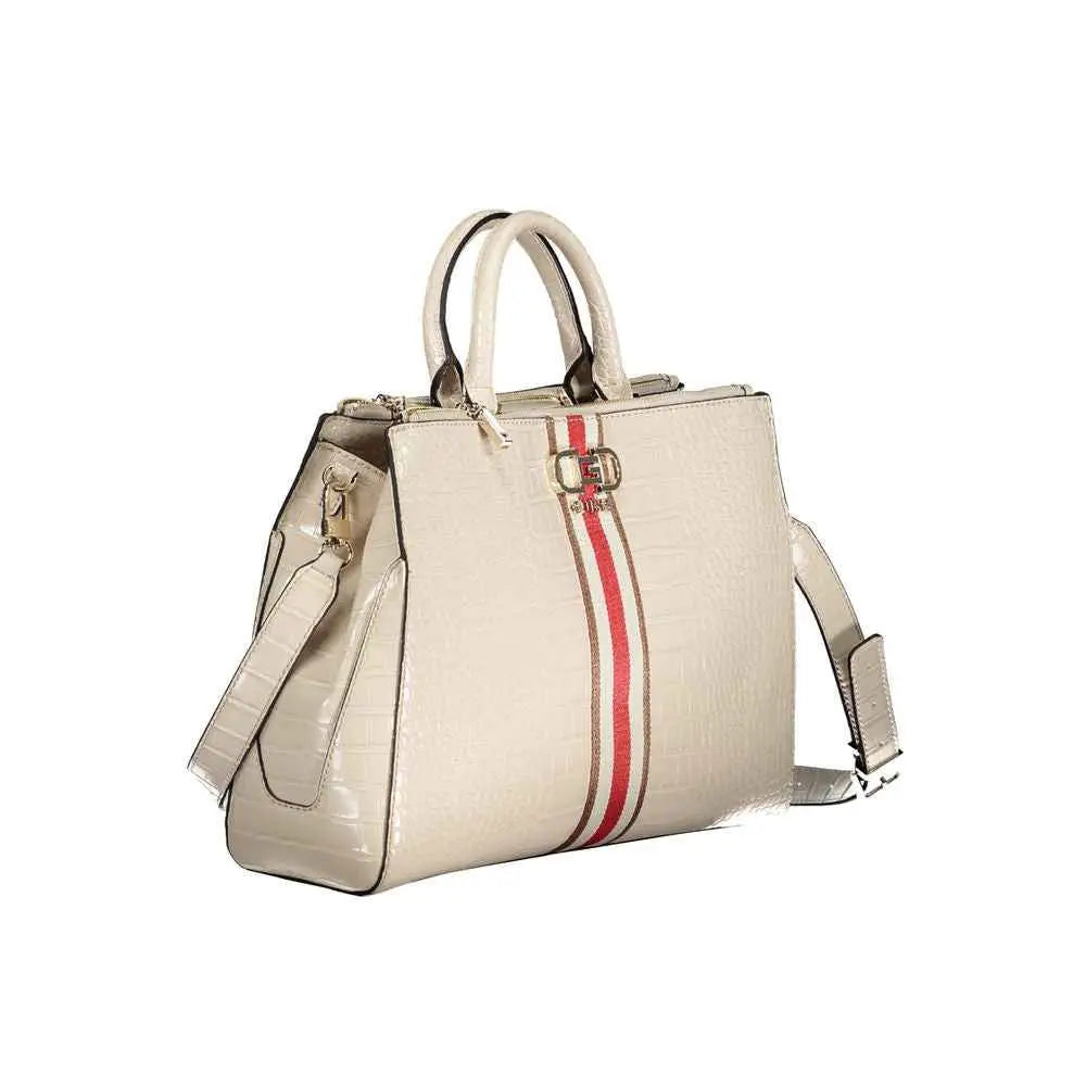 Sac à main guess jeans beige en polyuréthane avec embossage croco crème et bande rouge et blanche centrale avec détails dorés