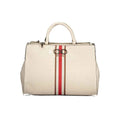 Sac à main guess jeans beige en cuir polyuréthane embossé crocodile avec accent rayé rouge et beige et fermeture logo métallique