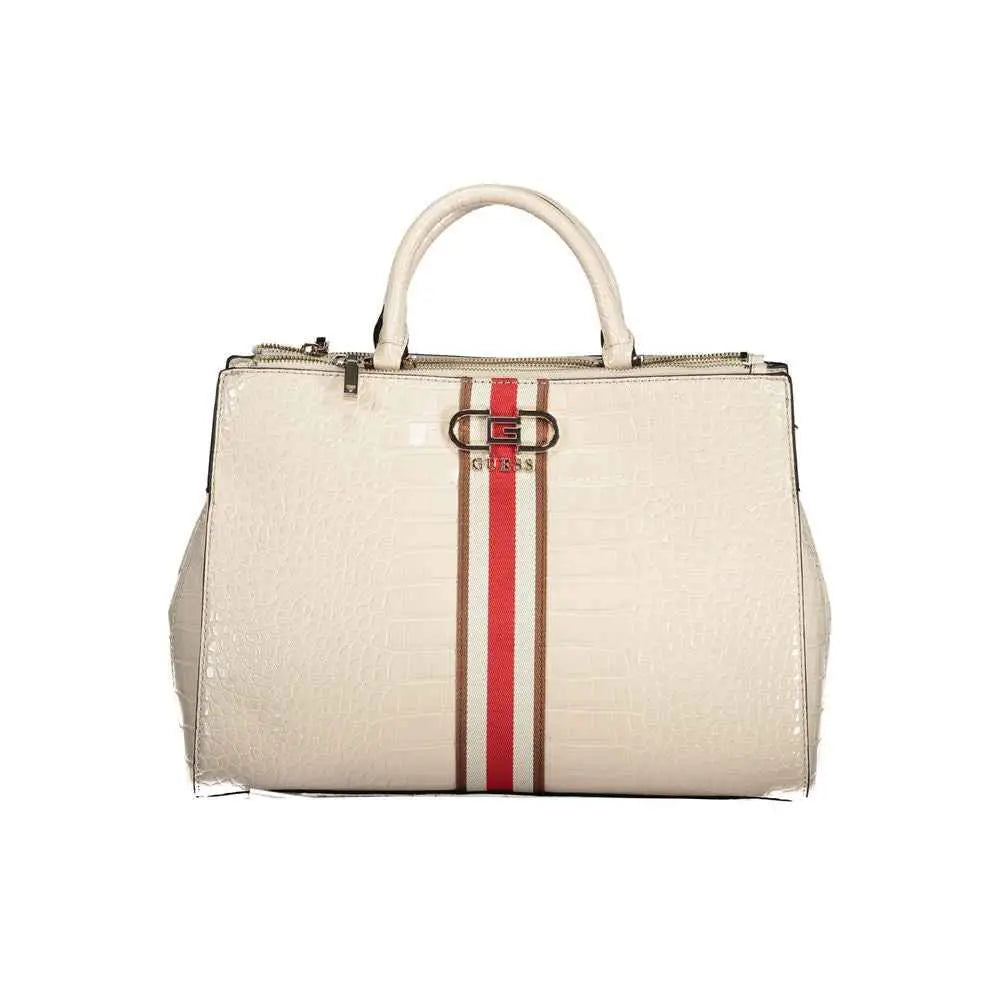 Sac à main guess jeans beige en cuir polyuréthane embossé crocodile avec accent rayé rouge et beige et fermeture logo métallique