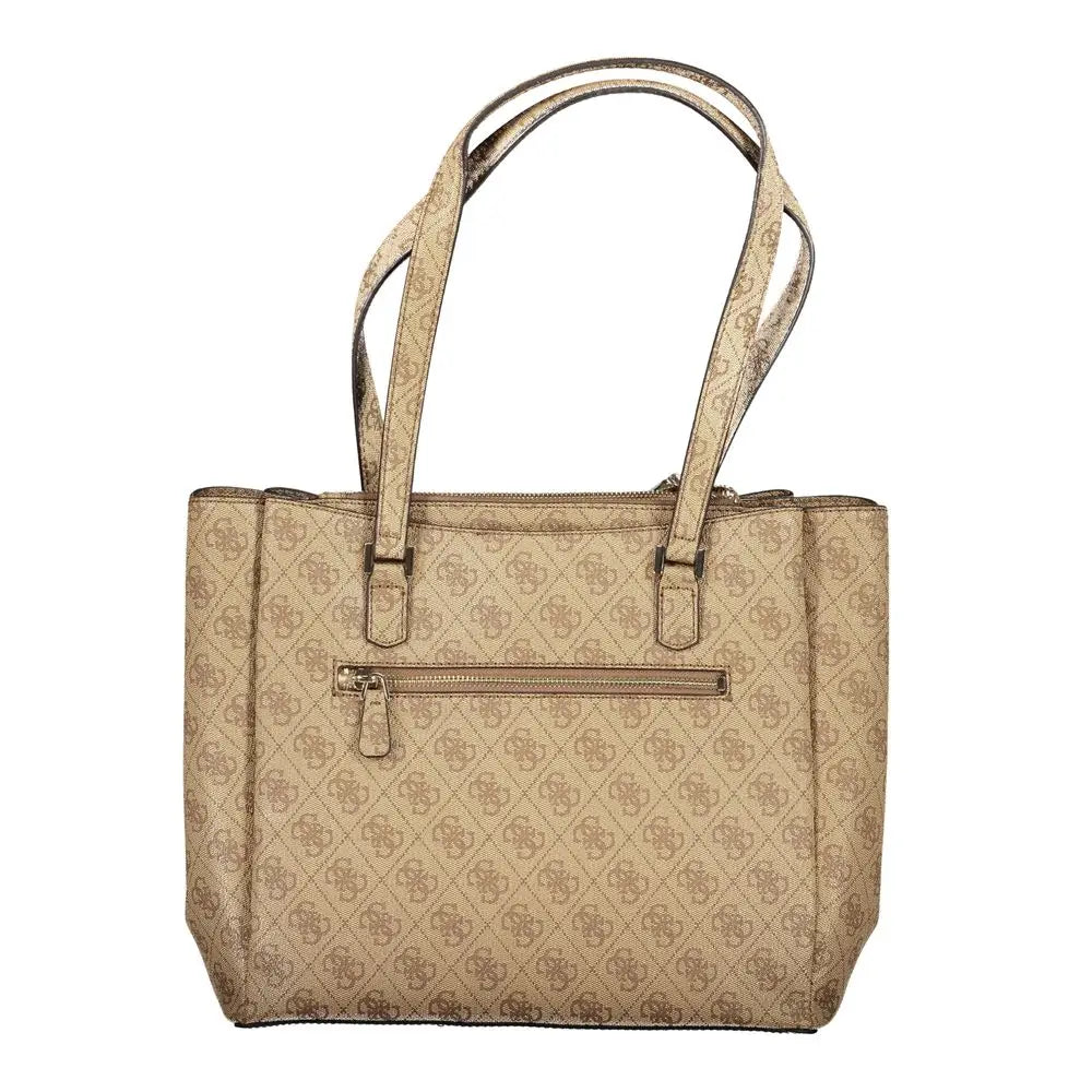 Sac tote beige guess en polyuréthane avec motif logo répétitif et fermetures éclair dorées pour femme