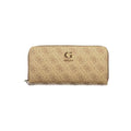 Portefeuille guess beige en polyuréthane pour femme avec motif monogramme répétitif et logo doré fonctionnel