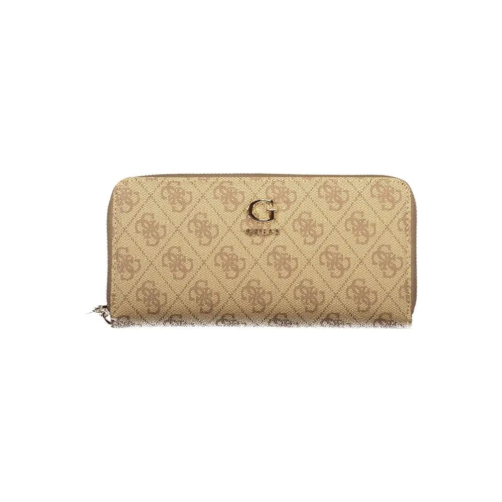 Portefeuille guess beige en polyuréthane pour femme avec motif monogramme répétitif et logo doré fonctionnel