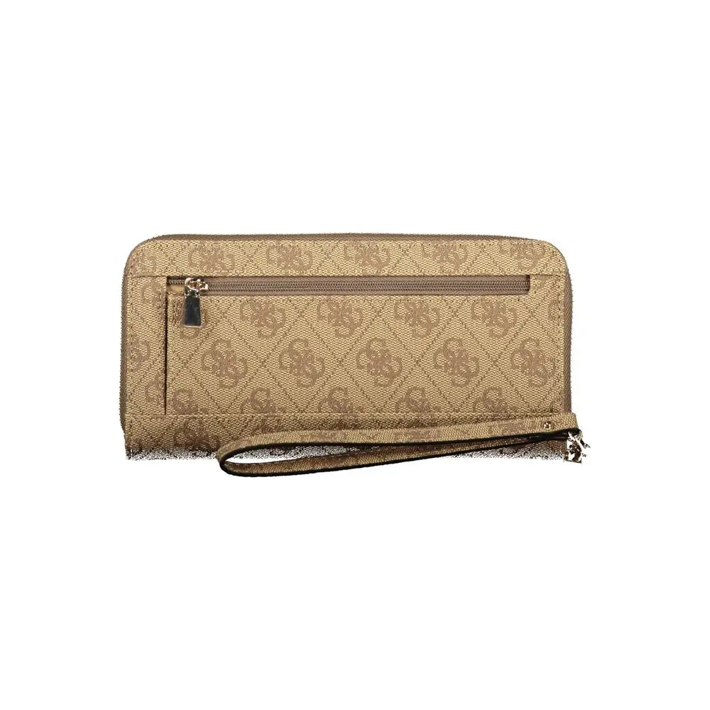 Portefeuille guess beige en polyuréthane avec motif logo répétitif et bracelet pour femme avec compartiments fonctionnels