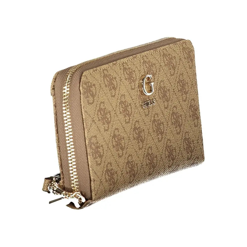 Portefeuille guess jeans beige en polyuréthane avec motif monogramme et fermeture éclair dorée avec compartiments fonctionnels