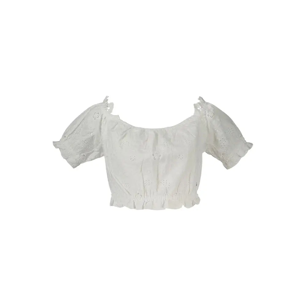 Blouse blanche courte en coton avec manches bouffantes et broderies guipure guess jeans bianco femme