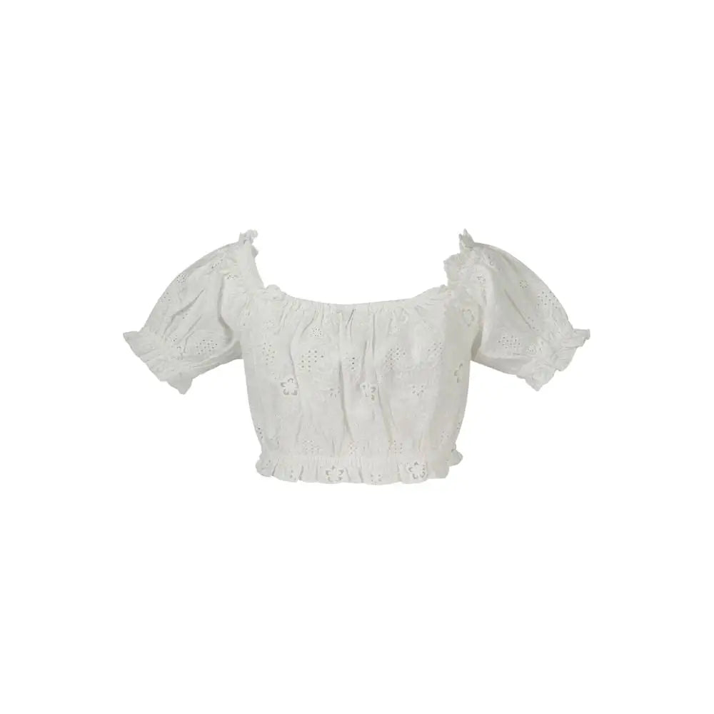 Chemise femme guess jeans bianco en coton blanc avec top court en broderie anglaise manches bouffantes et col carré froncé