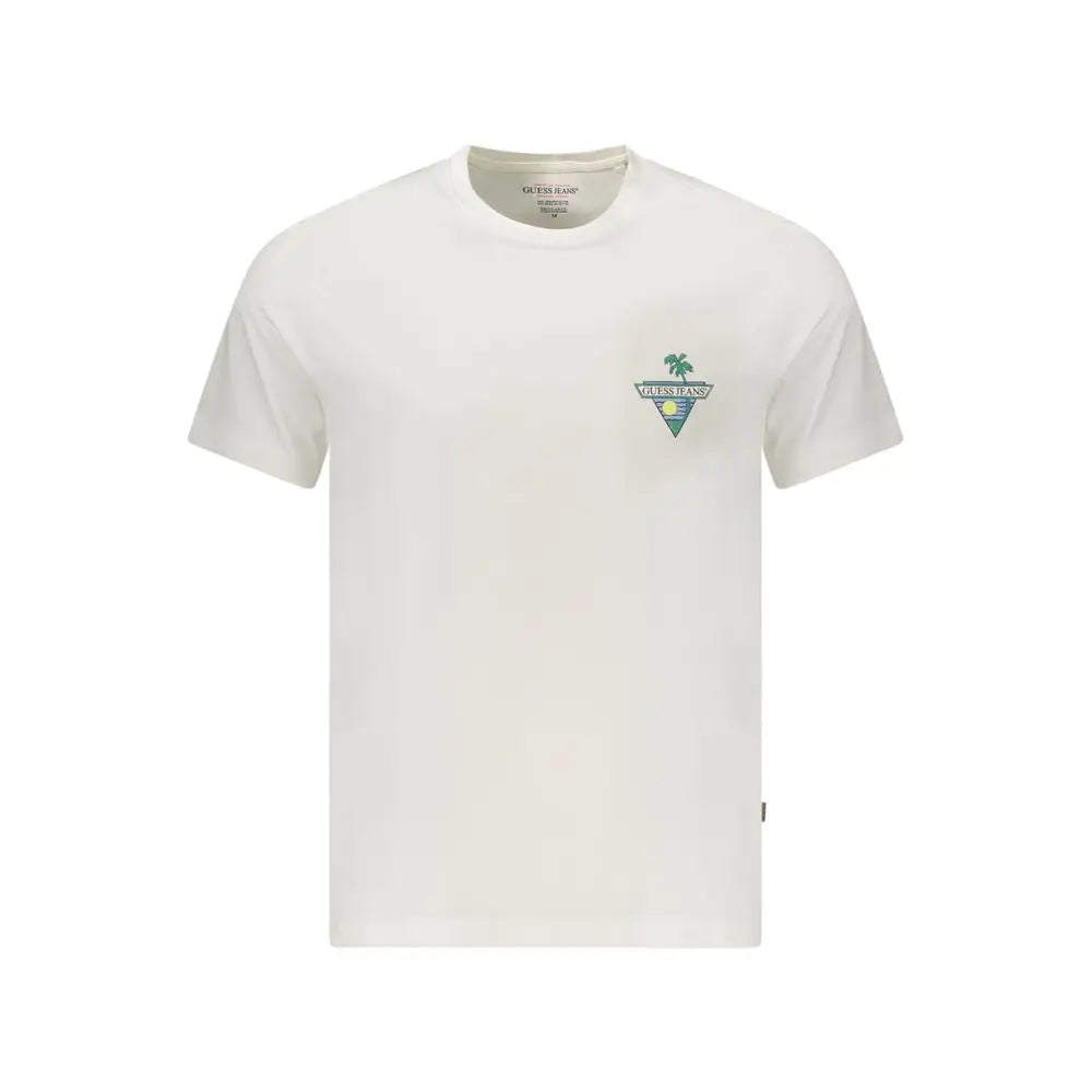 T-shirt guess jeans bianco en coton biologique pour hommes avec logo palmier brodé sur la poitrine gauche