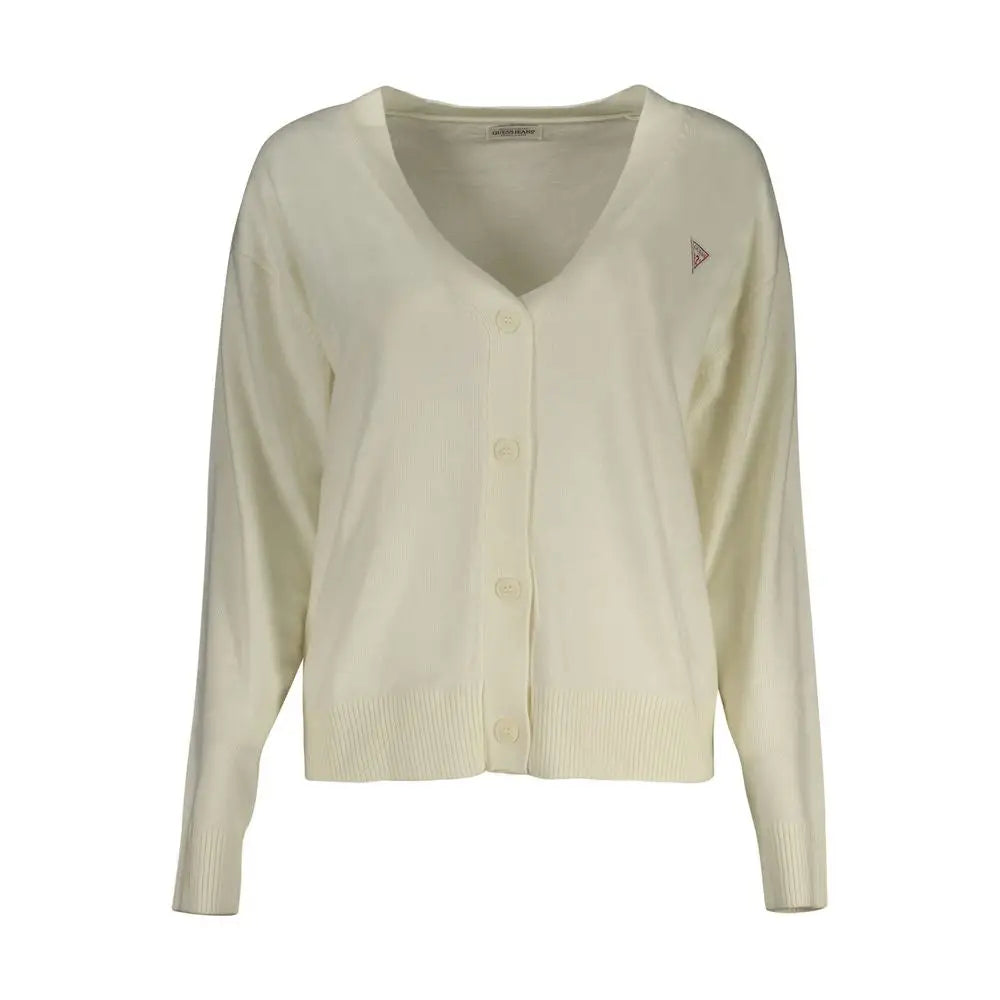 Cardigan guess jeans bianco femme crème en polyester avec col en v fermeture à boutons et poignets côtelés