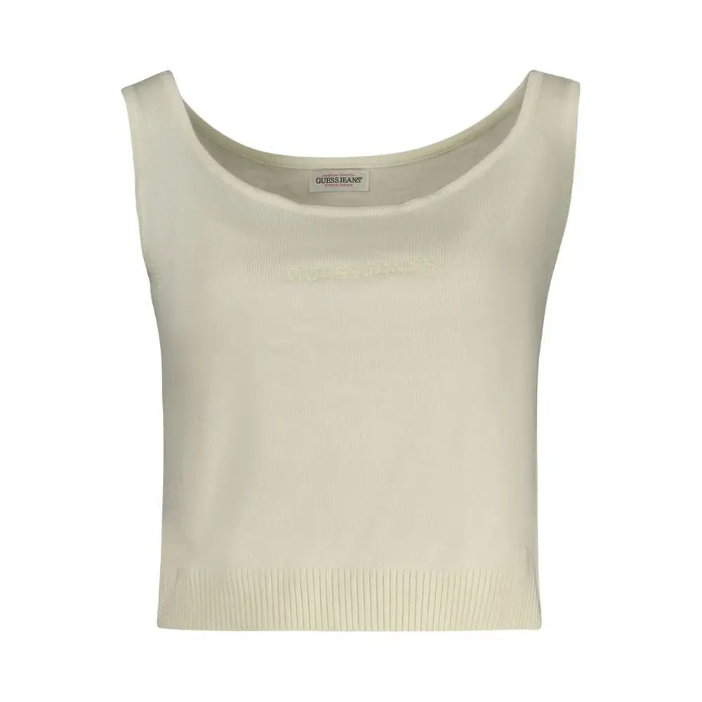 Cream-colored cropped knit sleeveless top with ribbed hem and subtle Guess Jeans embroidery in polyester
