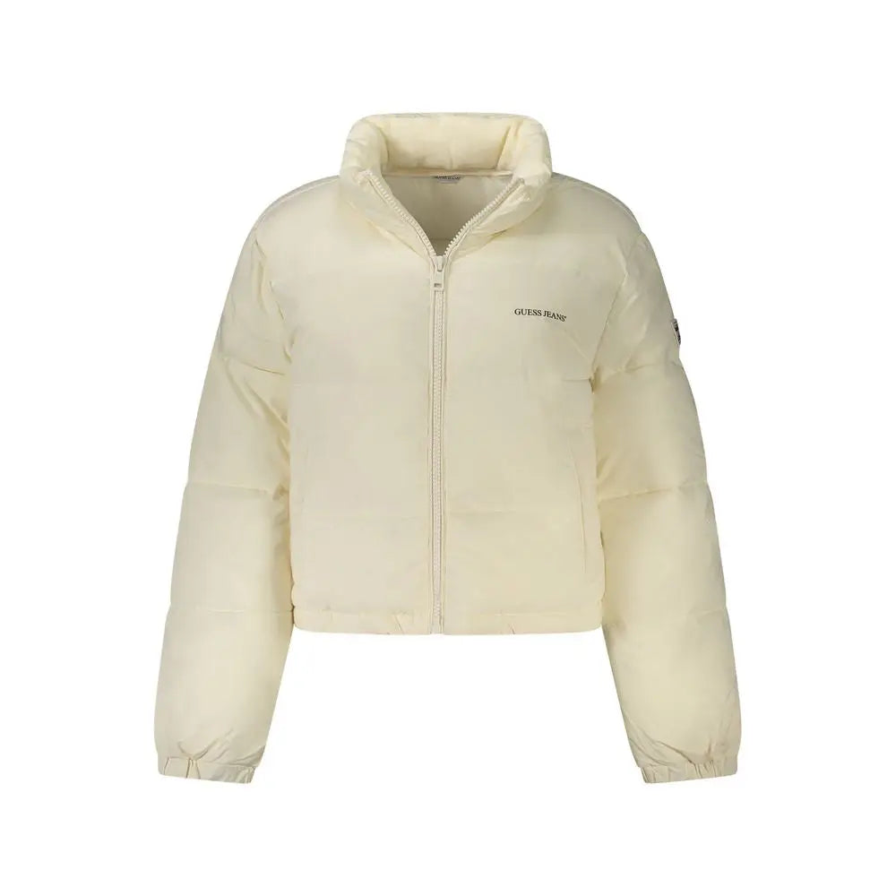 Veste matelassée crème guess jeans pour femme en polyester recyclé avec col montant et fermeture zippée