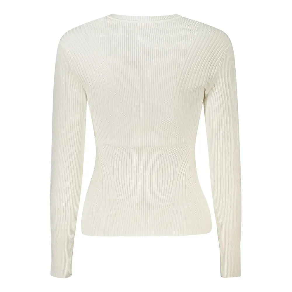 Pull Guess Jeans Bianco en viscose pour femme crème à manches longues en maille côtelée avec taille légèrement cintrée