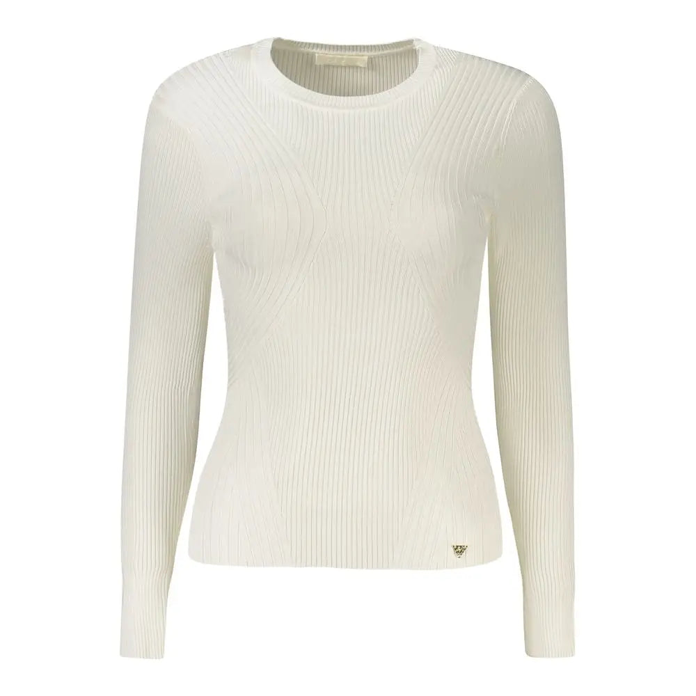 Pull en maille côtelée à manches longues crème guess jeans bianco viscosa pour femme avec logo subtil au bas