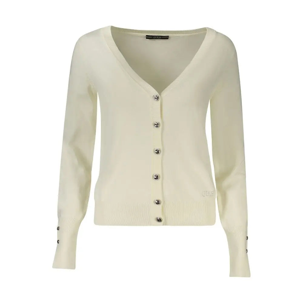 Cardigan guess jeans bianco viscosa pour femmes en tricot crème manches longues col v boutons argentés